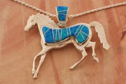 Navajo Artist Calvin Begay Fire and Ice Opal Sterling Silver Horse Pendant